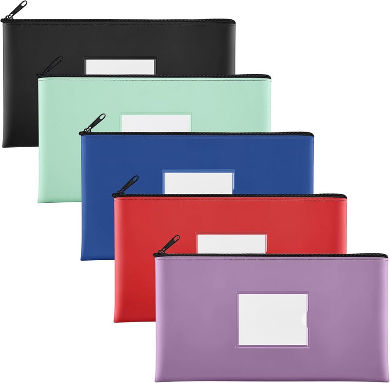 SMARTAKE 5-Pack Bank Deposit Money Bags with Zipper, PU Leather Bags Cash Wallet Pouches with Label, for Coins, Cosmetics, Invoice, Bills, Tools, 11.5 x 6.2 Inches, 5 Colors - Image 1